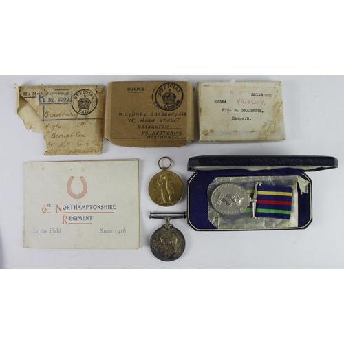 1127 - BWM & Victory Medal to 22364 Pte S Bradbury Hamps Regt. Defence Medal in box of issue Sydney Bradbur... 