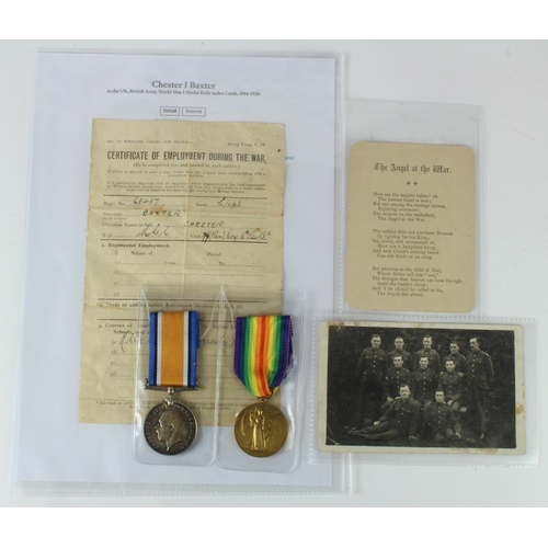 1137 - BWM & Victory medals to 19725 Pte C J Baxter, Suffolk regiment. Also served 68487 MGC comes with som... 