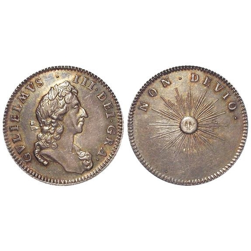 115 - Farthing, William III pattern or medalet in silver, 'NON. DEVIO.' sun type, plain edge, Montagu 22, ... 