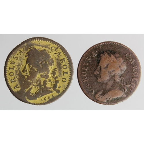 116 - Farthings (2) Charles II copper patterns: 1671 Peck 436 Fine, along with a broad flan 1665, low grad... 