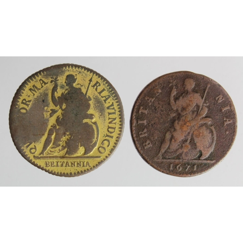 116 - Farthings (2) Charles II copper patterns: 1671 Peck 436 Fine, along with a broad flan 1665, low grad... 