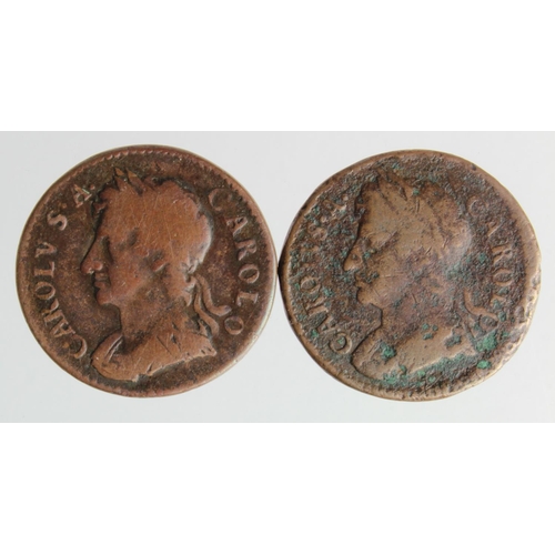 117 - Farthings (2) Charles II varieties: 1674 first 1 over I in BRITANNIA, unlisted in Peck and Spink, Co... 