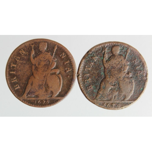 117 - Farthings (2) Charles II varieties: 1674 first 1 over I in BRITANNIA, unlisted in Peck and Spink, Co... 