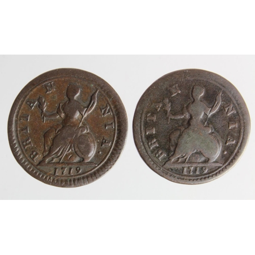 118 - Farthings (2) George I varieties: 1719 small letters, GF, and 1719 large letters nF