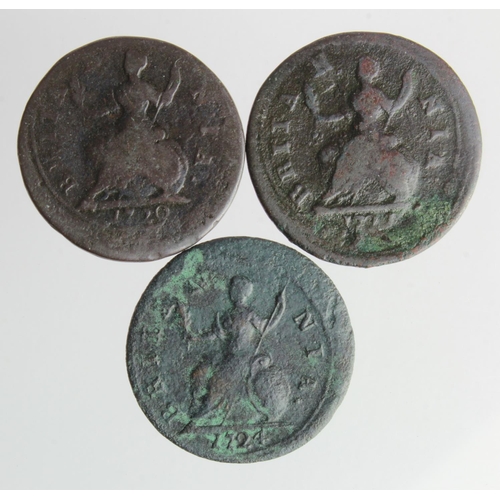 121 - Farthings (3) George I mis-strike errors: 1720 off-centre VG, 1721 double-struck Fair, and 1724 off-... 