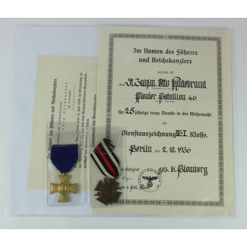 1215 - German Army 25 Year Long Service Cross with Cross of Honour both with award documents to Otto Hildeb... 