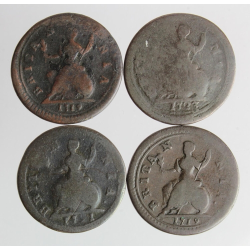 124 - Farthings (4) George I varieties: 1719 small letters, no stop rev., VG; 1719 large letters, R/B (or ... 