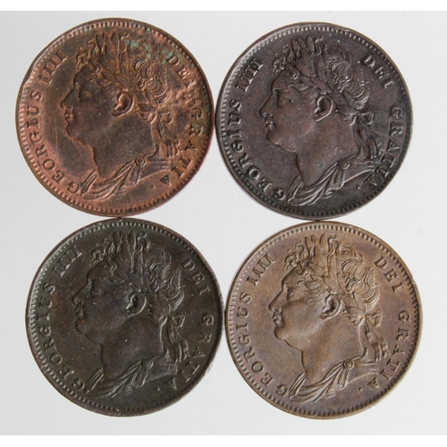 125 - Farthings (4) George IV varieties: 1821 G/O in GRATIA, G4F21+211, rare, VF; 1822 R/R in REX, VF; 182... 