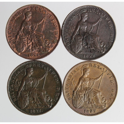 125 - Farthings (4) George IV varieties: 1821 G/O in GRATIA, G4F21+211, rare, VF; 1822 R/R in REX, VF; 182... 