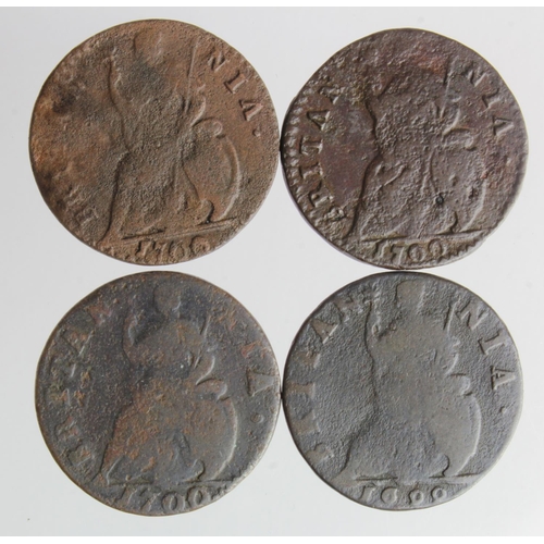 127 - Farthings (4) William III varieties: 1699 date in exergue, anomalous V in TERTIVS? VG; 1700 small T'... 