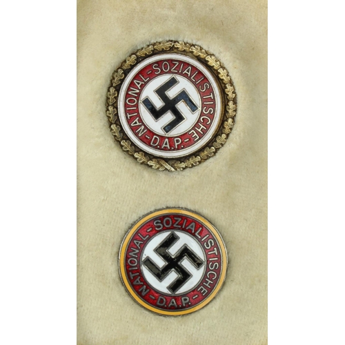 1310 - German National Socialist D.A. officers gold badges in fitted case.