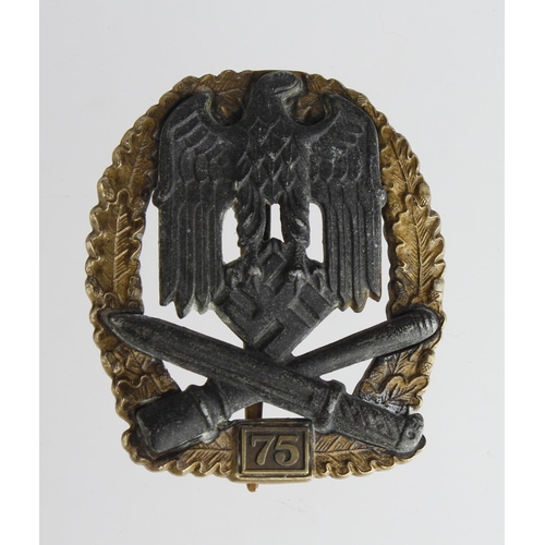 1313 - German Nazi '75' General Assault Badge, maker marked 'JFS'.