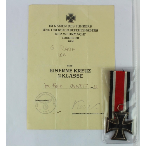 1330 - German Nazi Iron Cross 2nd class with award document to G Rauf awarded in the field August 1942.