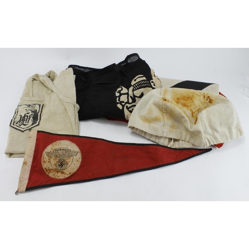 1332 - German Nazi items various incl NSDAP Flag dated 1936, NSKK Car Pennant, SS Athletics Vest, SS Battle... 