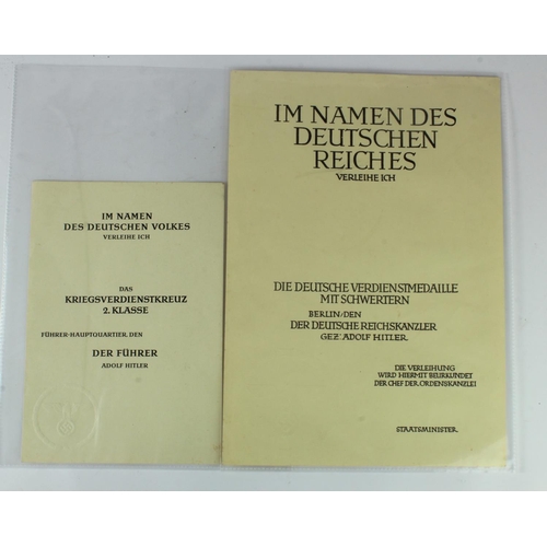 1371 - German Nazi unused award documents for the war merit 2nd class, two variations.