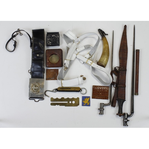 1584 - Mixed militaria inc Martini Henry bayonet, one other Spike bayonet, tribal sword, shoulder belts, po... 