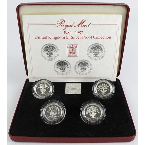 179 - One Pound silver proof four coin set 1984 - 1987. aFDC/FDC in the red case of issue with certificate