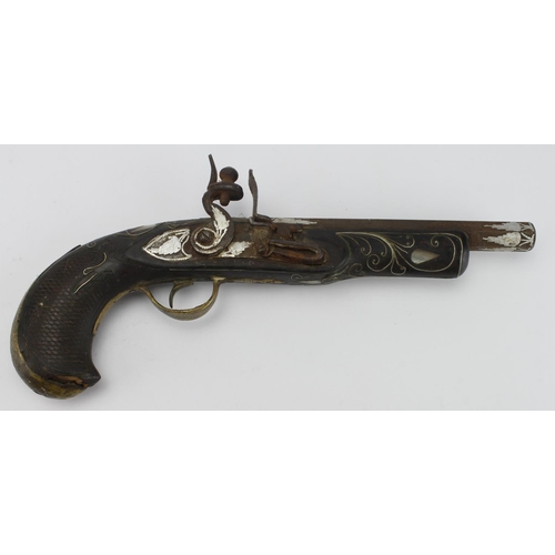 1880 - Flintlock Pistol of Eastern origin, wooden grip with silver wire decoration, brass furniture, octago... 