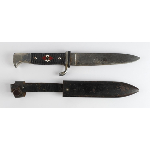 1900 - German Nazi Hitler Youth dagger with metal scabbard and leather frog. Blade has been re edged. Maker... 