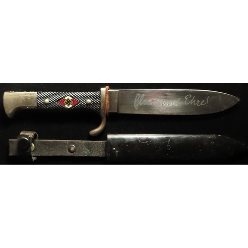 1901 - German Nazi Hitler Youth Dagger with scabbard and leather frog. Nice early piece, blade maker marked... 