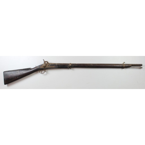 1928 - Indian percussion military style Musket, two bands, lock a/f. Enfield ramrod, barrel 33