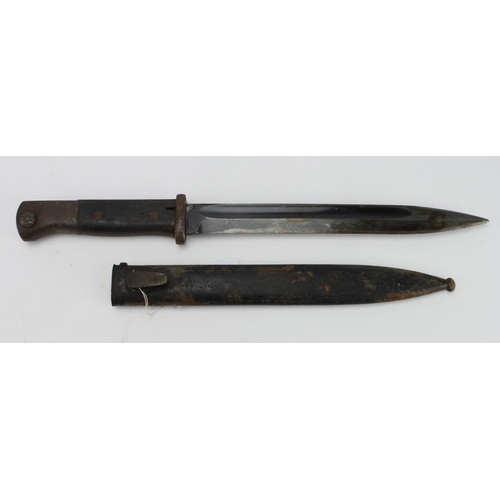 1958 - Mauser 1884/98 knife bayonet, blued blade, wooden grips (bruised), worn overall, pommel marked 