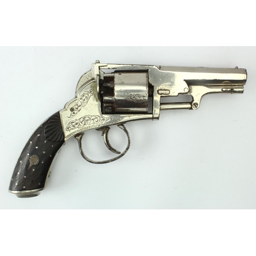 1970 - Percussion 19th century 5 shot continental pocket revolver with engraved nickel plated frame curved ... 