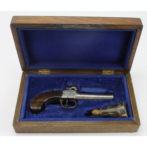 1976 - Percussion boxlock, pocket pistol, circa 1830, English proofs to barrel and frame. Centrally mounted... 