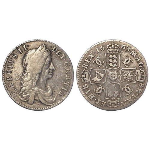 205 - Shilling 1663 first bust, up/down axis, S.3371, GF/F, light hairlines.