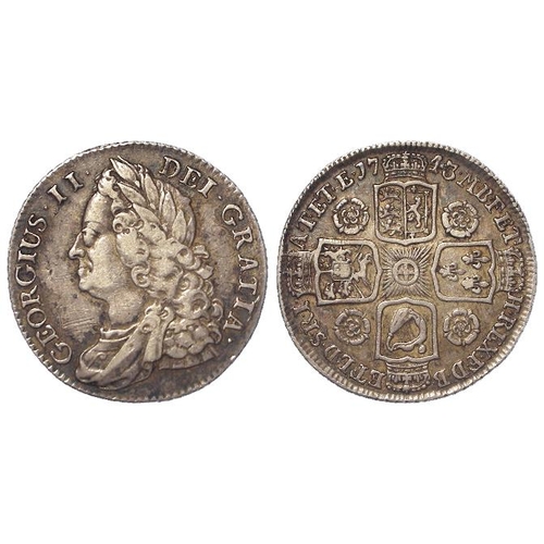 214 - Shilling 1743 roses, S.3702, toned VF, some light graffiti initials and '1803' scratched in obverse ... 