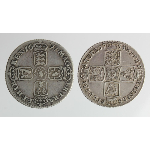 244 - Shillings (2): 1697 first bust, S.3497, Fine, and 1758, S.3704, toned GVF