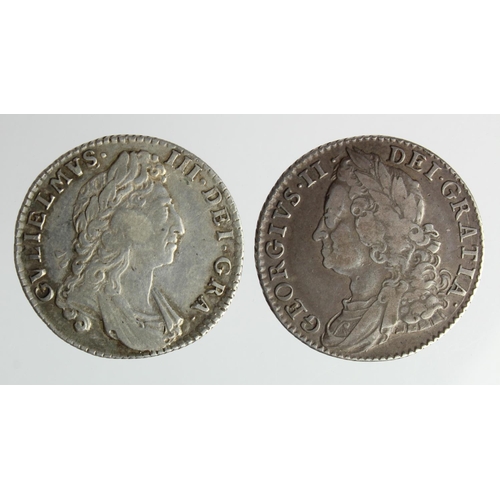 245 - Shillings (2): 1697 first bust, S.3497, GF, and 1747 roses, S.3702, toned GF