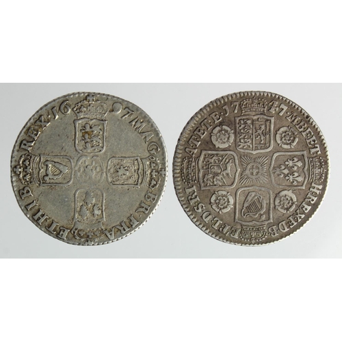 245 - Shillings (2): 1697 first bust, S.3497, GF, and 1747 roses, S.3702, toned GF