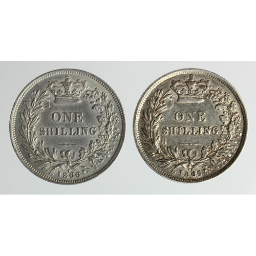 246 - Shillings (2): 1865 dn 62 VF, and 1866 dn 7, nEF