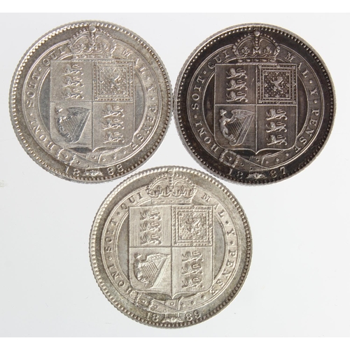 256 - Shillings (3): 1887 Jubilee GVF, 1888/7 nEF, and 1889 large head EF