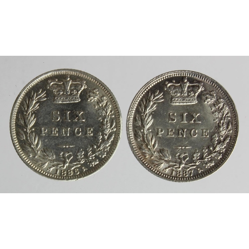 294 - Sixpences (2): 1886 lightly cleaned EF, and 1887 young head EF