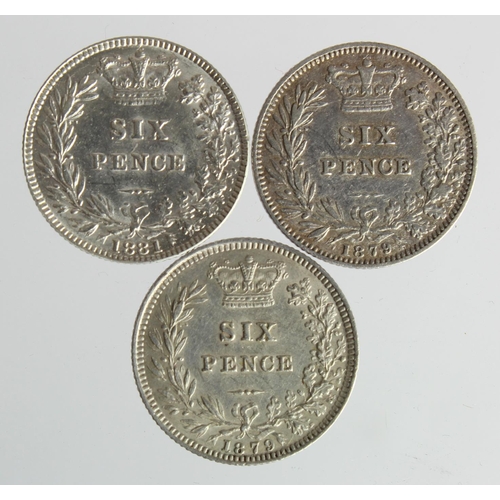 299 - Sixpences (3): 1879 no die number GF, ditto GVF, and 1881 nEF