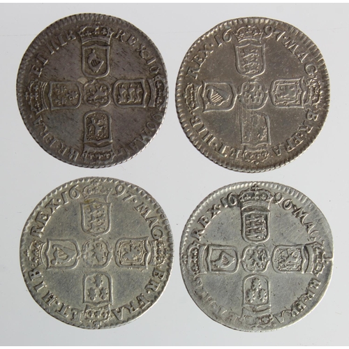 300 - Sixpences (4): 1696E S.3523 GF, 1696 S.3520 Fine, 1697 S.3542 Fine, and ditto VF