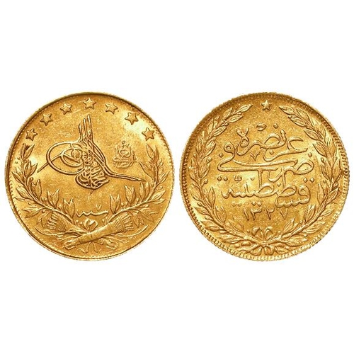 421 - Turkey, Ottoman Empire, Muhammad V gold 100 Kurush AH1327//7, KM# 776, EF (0.2127 troy oz AGW)