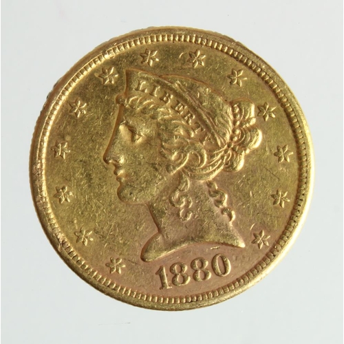 424 - USA gold $5 1880-S, ex-mount VF