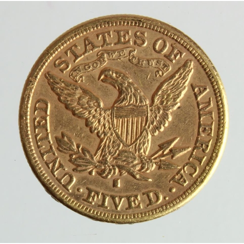 424 - USA gold $5 1880-S, ex-mount VF