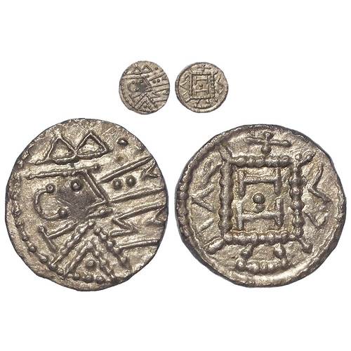 456 - Anglo-Saxon silver sceat, Secondary Series R. 1 (710-760 AD) Radiate head with pyramidal neck before... 