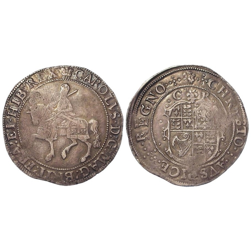 466 - Charles I halfcrown type 2b, mm. Plume, C R above shield divided by Lis over (uncertain, but somethi... 
