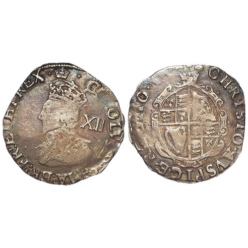 476 - Charles I shilling, type 3b, no inner circles, plume above shield, mm. Crown, S.2793, 5.81g, Fine.