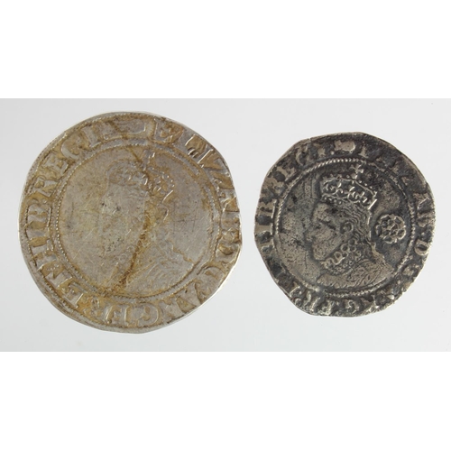 523 - Elizabeth I (2): Shilling, 6th issue, mm. Hand, S.2577, 5.93g, Fine; along with Sixpence 1597 mm. Ke... 