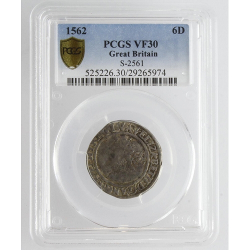 534 - Elizabeth I sixpence 1562 mm. Pheon, S.2561, slabbed PCGS VF30.