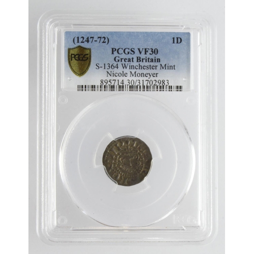 553 - Henry III Long Cross silver penny of Winchester, moneyer Nicole; Class 3c, S.1364, slabbed PCGS VF30... 