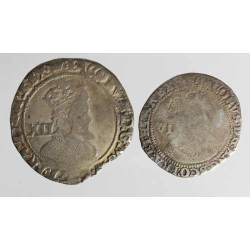 588 - James I (2): Shilling mm. Coronet S.2655 nF, and Sixpence 1603 mm. Thistle S.2648 VG