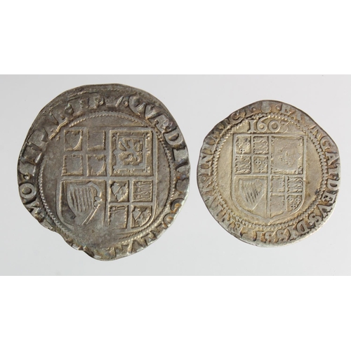588 - James I (2): Shilling mm. Coronet S.2655 nF, and Sixpence 1603 mm. Thistle S.2648 VG