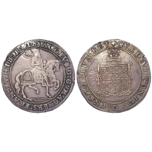594 - James I silver Crown, Third Coinage, plume over shield, mm. Trefoil (1624), S.2665, 29.20g. Slightly... 